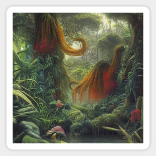 Digital Painting of a Beautiful Jungle With Tropical Leaves and Lake Magnet